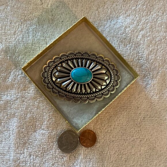 Vintage Metal Belt Buckle, Nice Silver and Blue Turquoise Stone Design, Nice - Picture 3 of 4